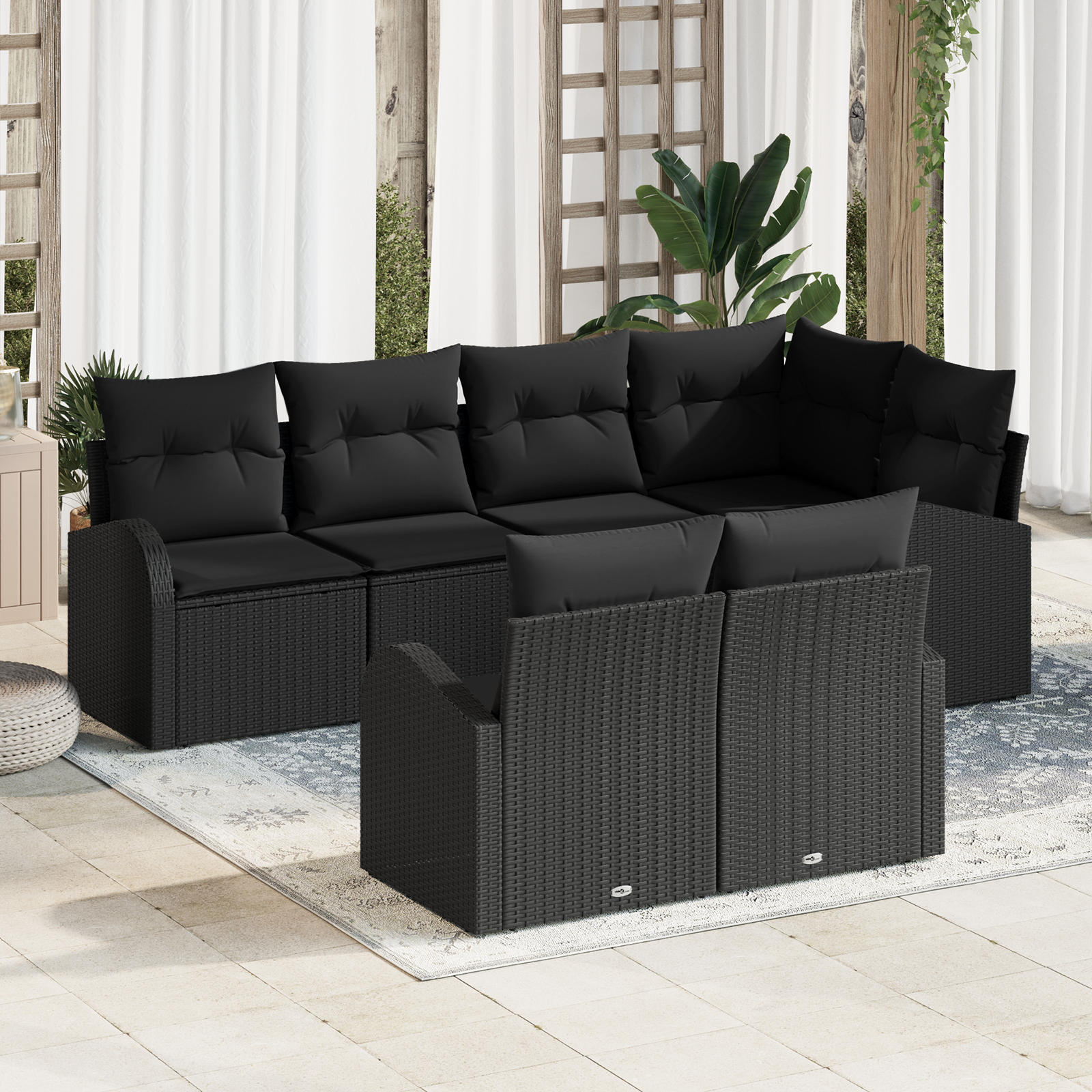 Set di divano da giardino 7 pezzi con cuscini in polyrattan nero