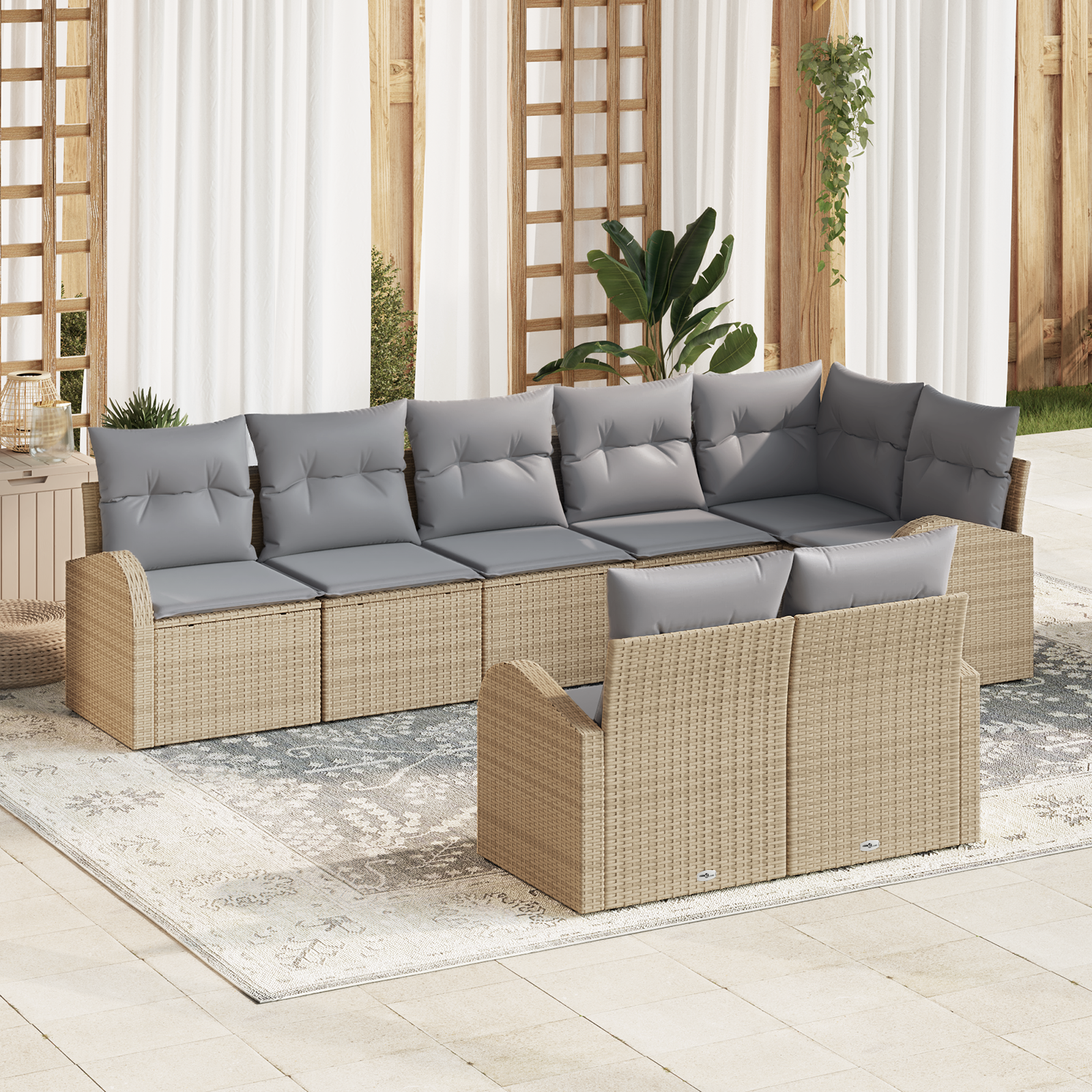 Set Divano da Giardino 8 Pezzi con Cuscini Beige in Rattan Sintetico
