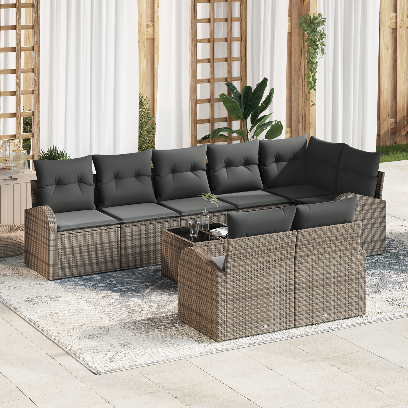 Set Divano Giardino da 8 Pezzi con Cuscini in Polyrattan Grigio