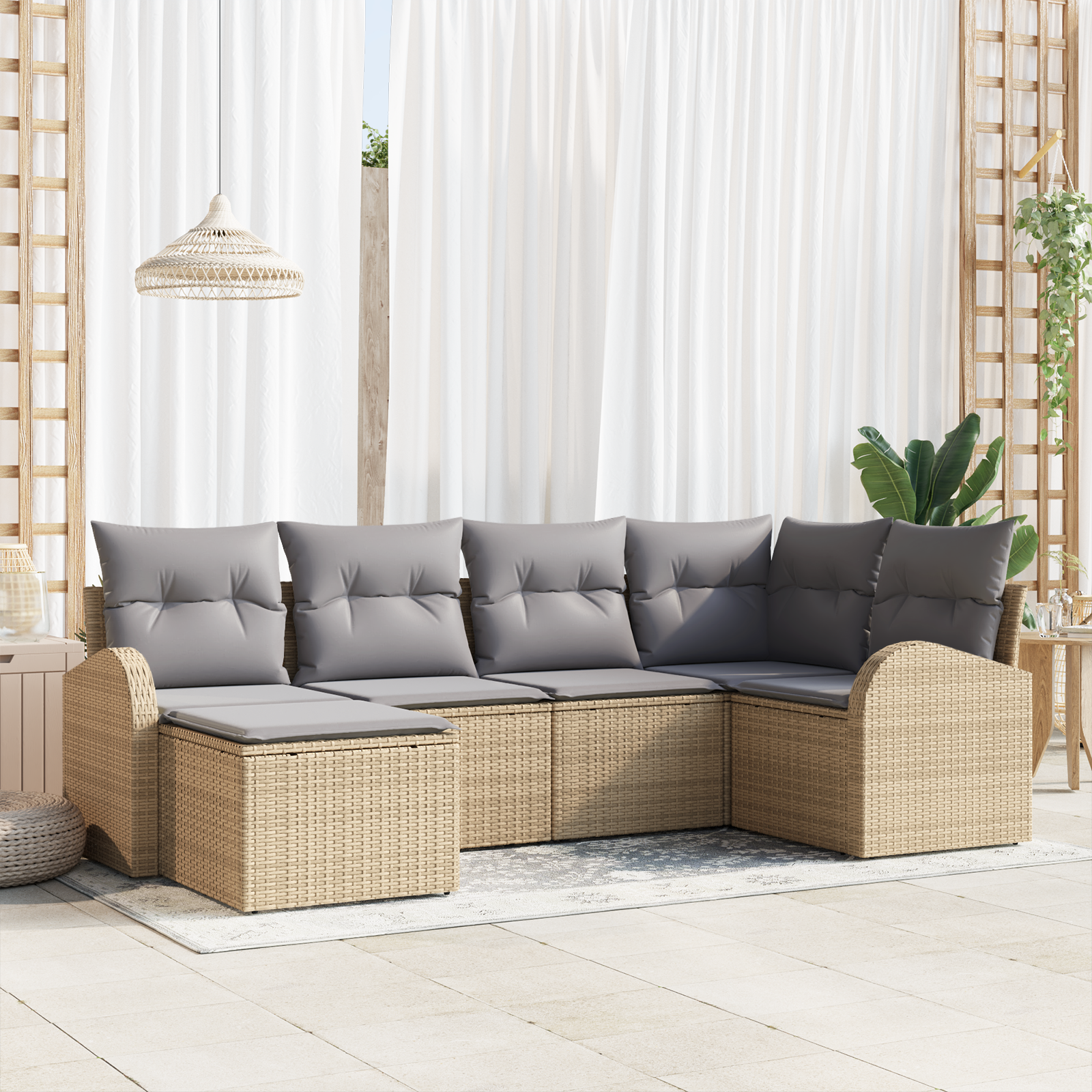 Set di 6 Pezzi di Divano da Giardino con Cuscini in Polyrattan Beige
