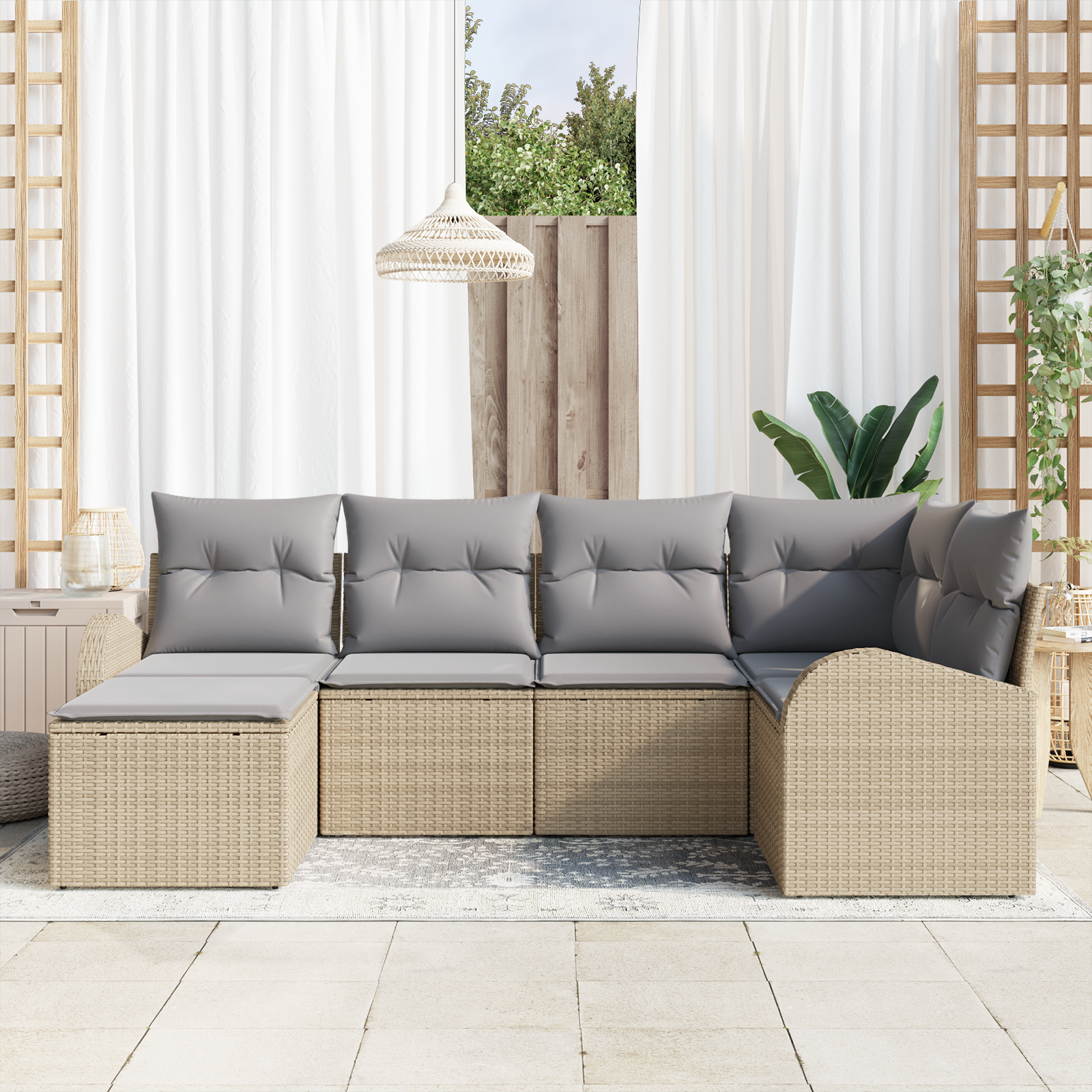 Set di 6 Pezzi di Divano da Giardino con Cuscini in Polyrattan Beige