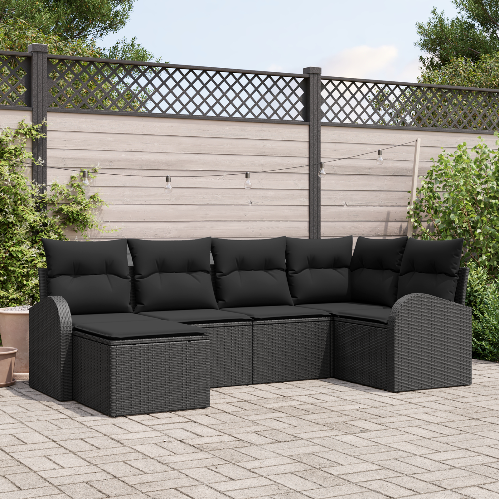 Set di Divano da Giardino 6 Pezzi con Cuscini Nero Rattan Poliestere