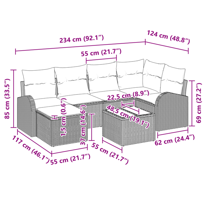 Set divano giardino 7 pezzi con cuscini grigi in polirattan