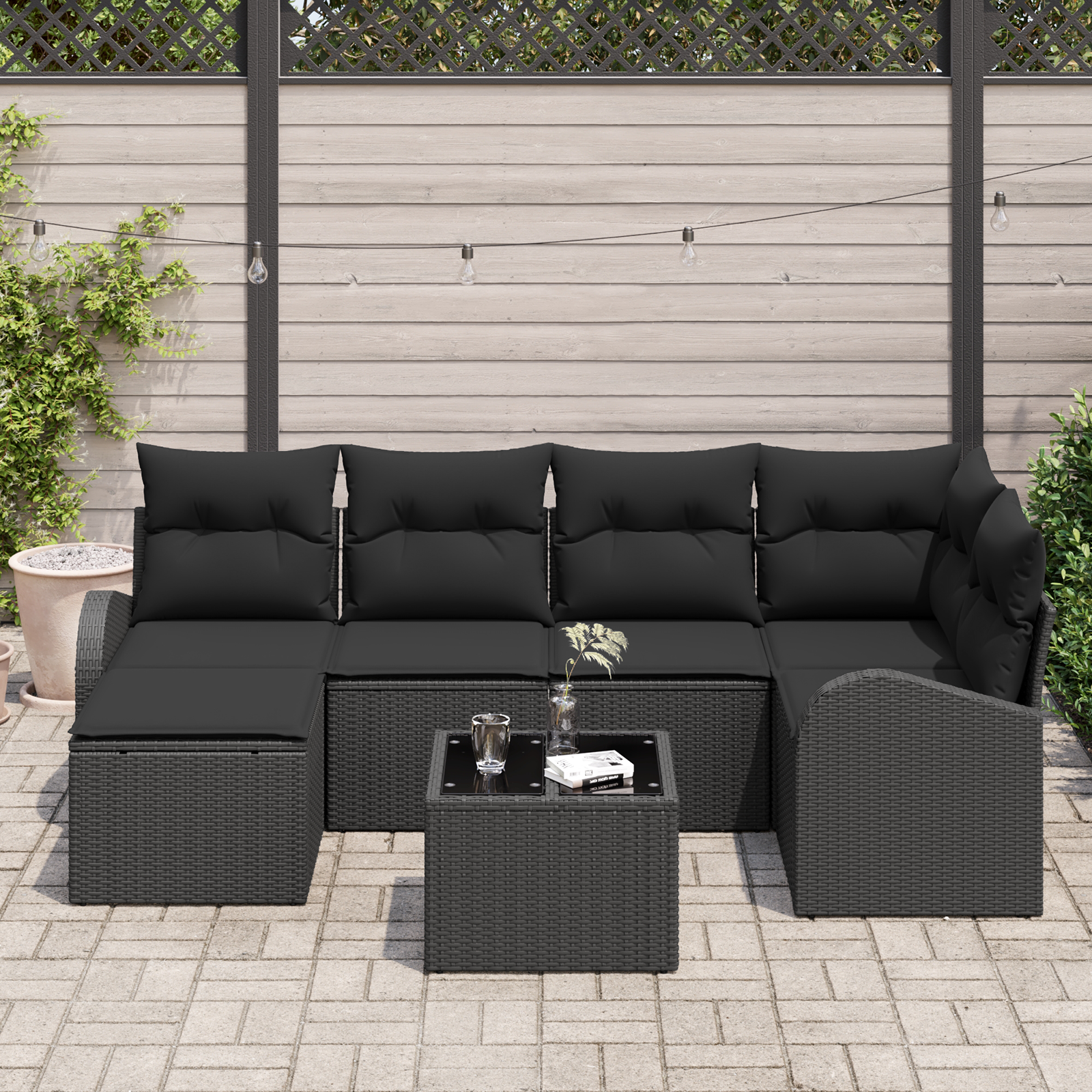 Set Divano da Giardino a 7 Pezzi con Cuscini Beige Polyrattan