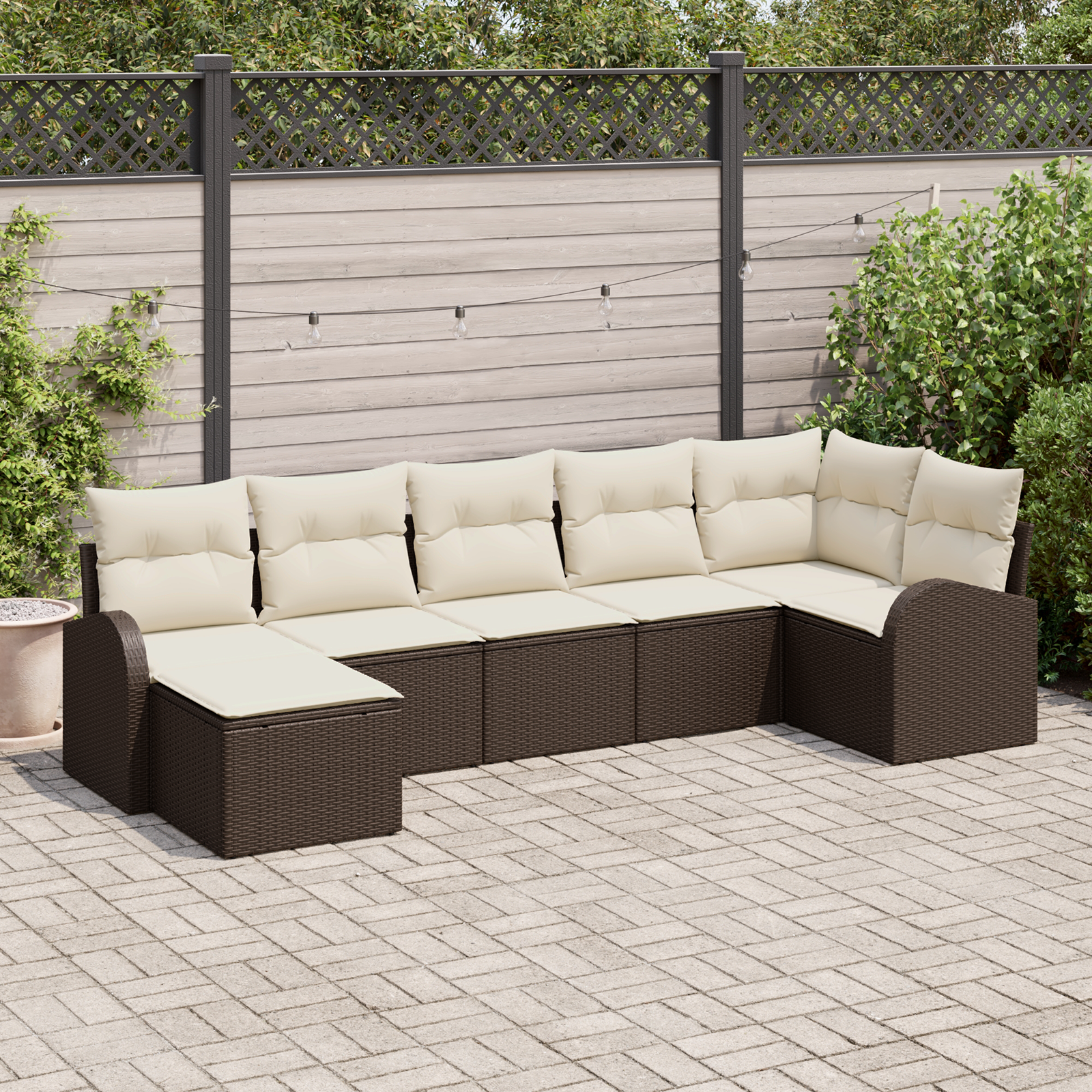 Set di divano da giardino 7 pezzi con cuscini marrone in polyrattan