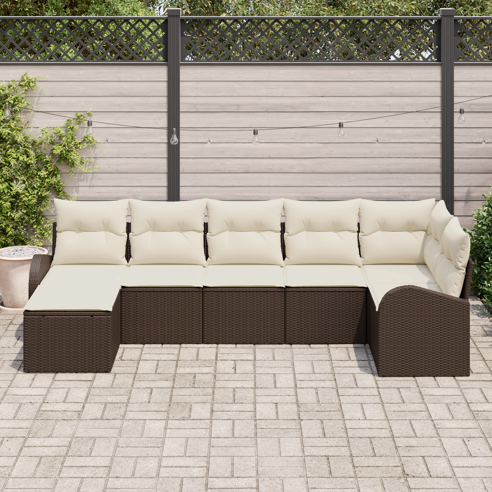 Set di divano da giardino 7 pezzi con cuscini marrone in polyrattan
