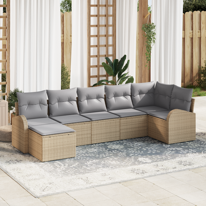 Set di Divani da Giardino 7 Pezzi con Cuscini Beige in Rattan