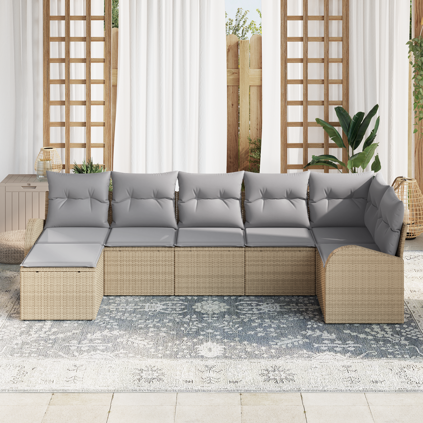 Set di Divani da Giardino 7 Pezzi con Cuscini Beige in Rattan