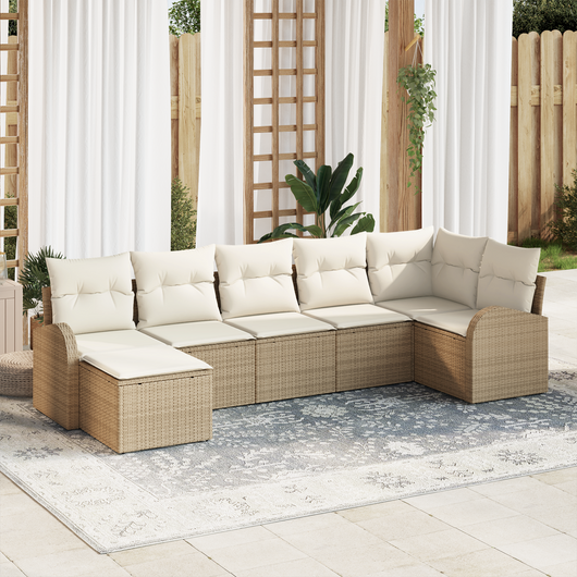 Set da Giardino da 7 Pezzi con Cuscini Beige Polyrattan