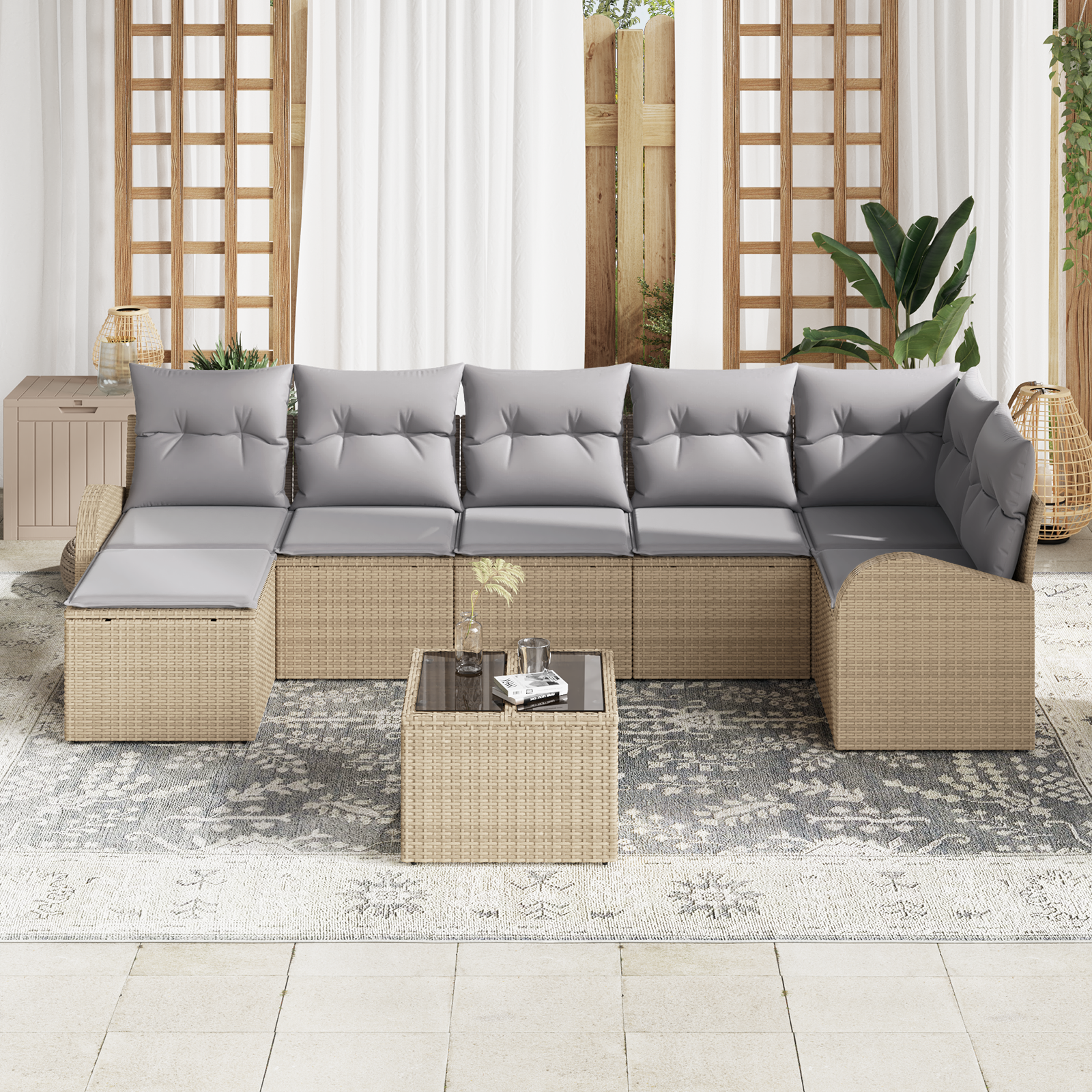 Set divano da giardino a 8 pezzi con cuscini in polyrattan nero