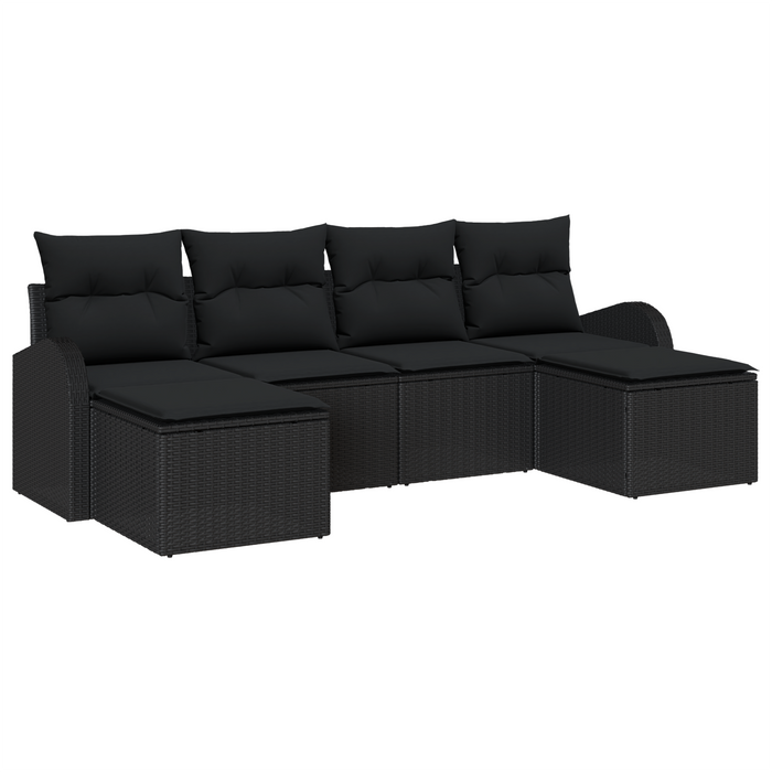 Set di divani da giardino da 6 pezzi con cuscini in polyrattan nero