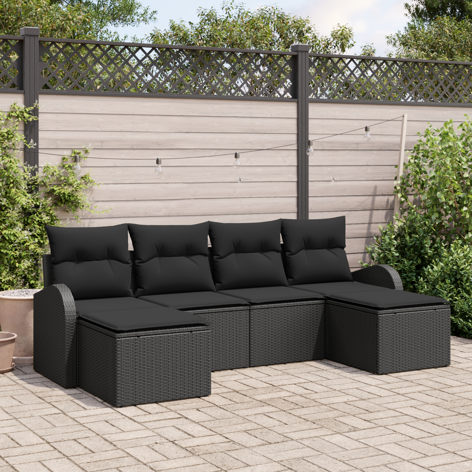 Set di divani da giardino da 6 pezzi con cuscini in polyrattan nero