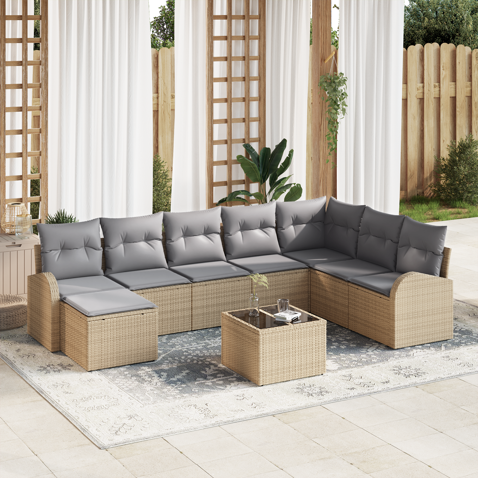 Set da giardino 9 pezzi con cuscini in rattan sintetico nero