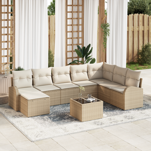Set di divano da giardino 9 pezzi con cuscini marrone in polyrattan