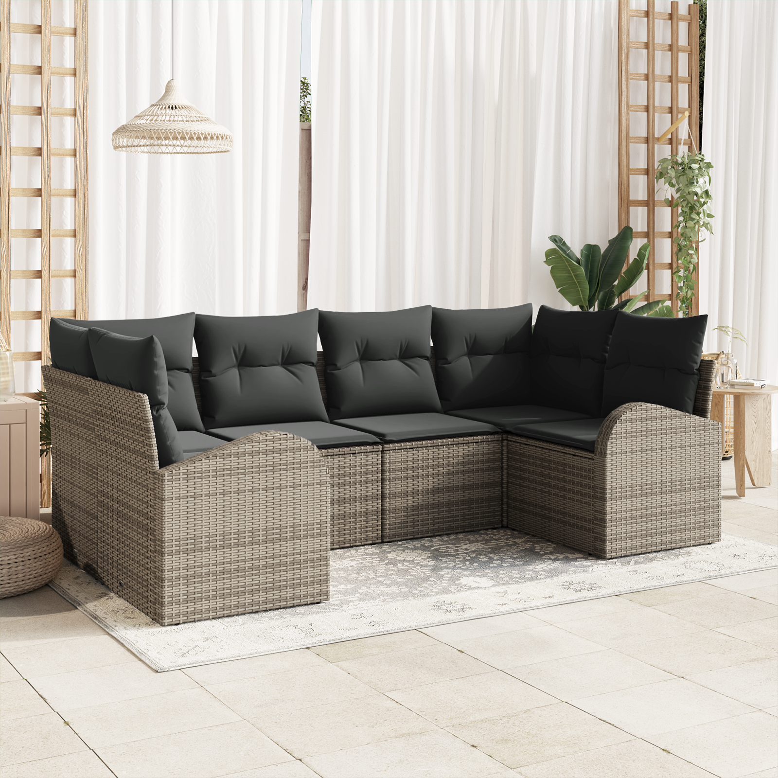 Set Divano da Giardino 6 Pezzi con Cuscini Grigio Polirattan
