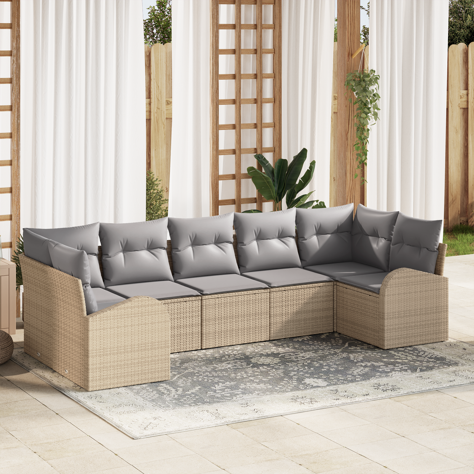 Set di divani da giardino 7 pezzi con cuscini Beige in polirattan