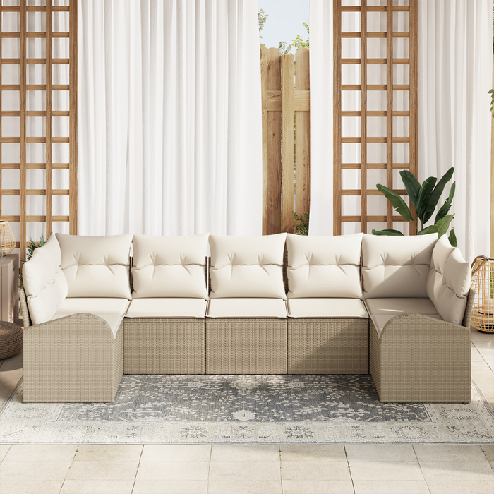 Set Divano da Giardino 7 Pezzi con Cuscini Beige in Polyrattan