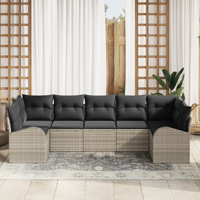 Set divano da giardino 7 pezzi con cuscini grigio chiaro in polirattan