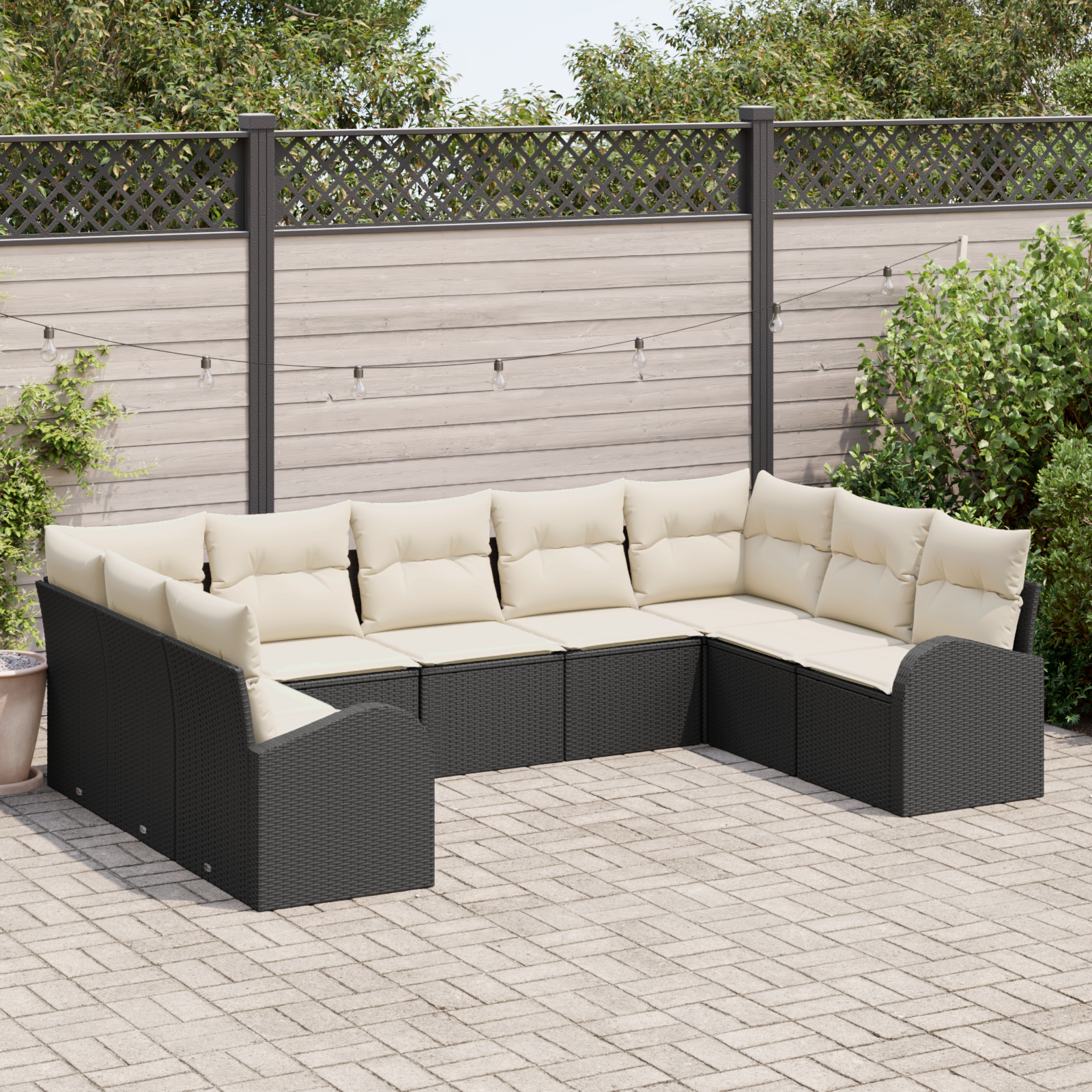 Set Divano da Giardino 9 Pezzi con Cuscini Nero Polyrattan