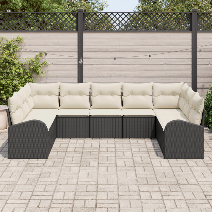 Set Divano da Giardino 9 Pezzi con Cuscini Nero Polyrattan