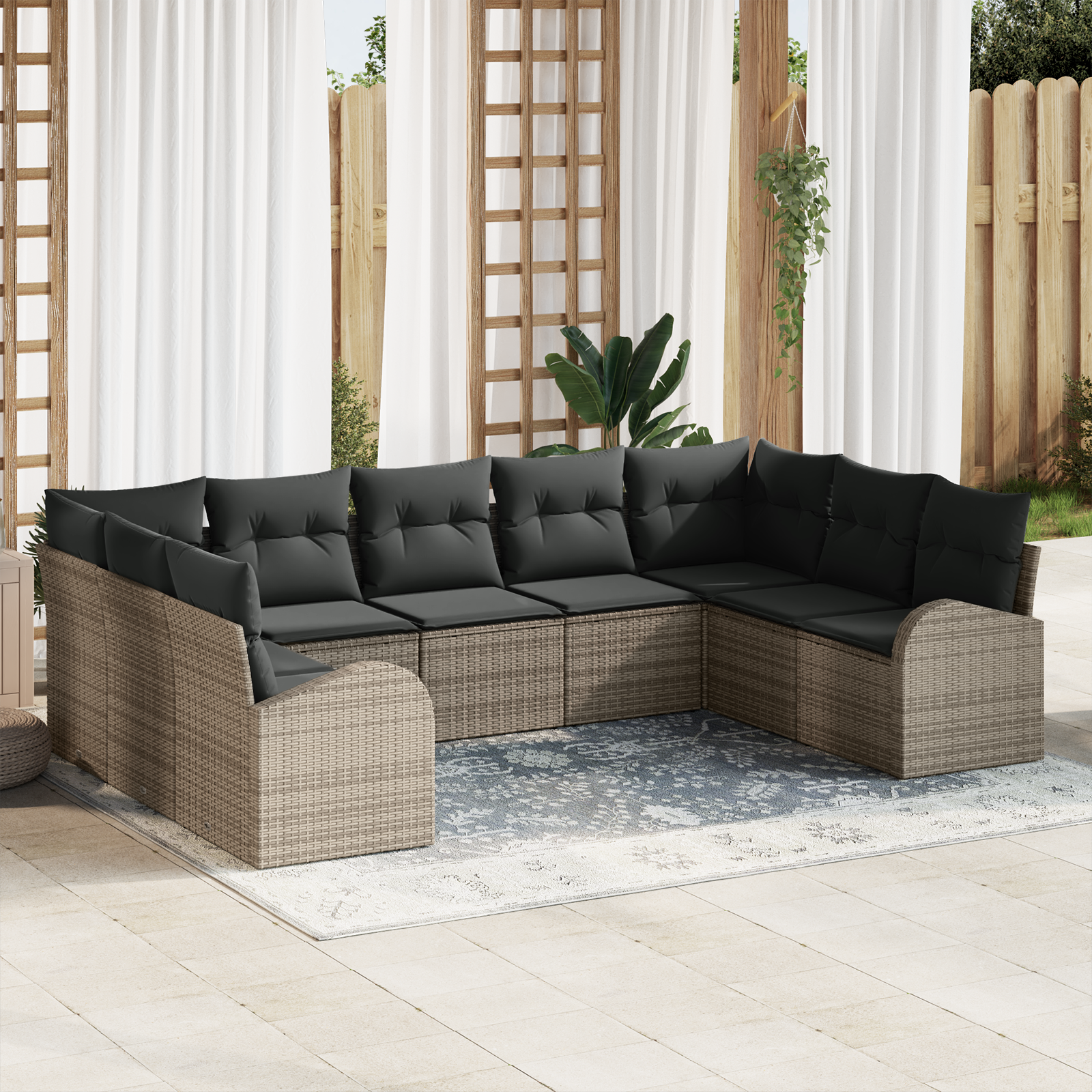 Set da giardino di 9 pezzi con cuscini in rattan grigio