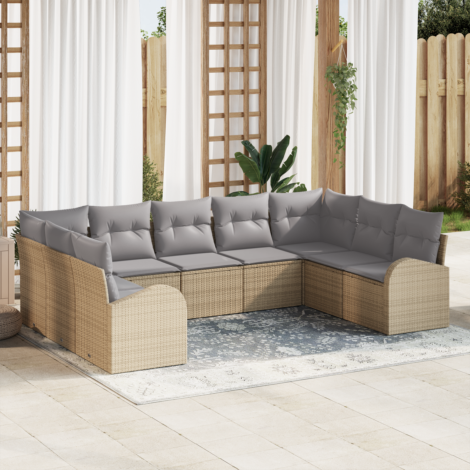 Set divano da giardino 9 pezzi con cuscini beige in polyrattan