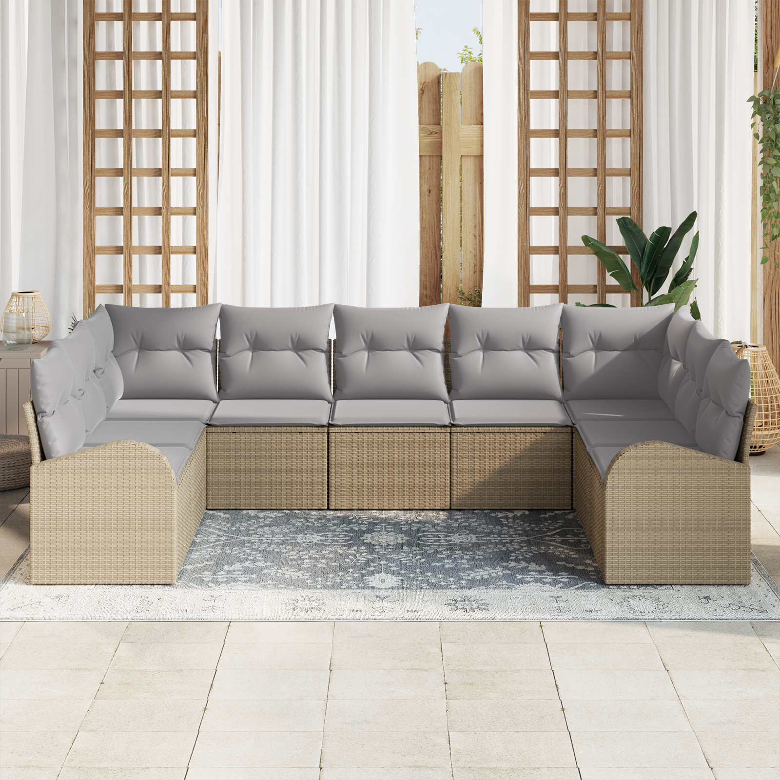 Set divano da giardino 9 pezzi con cuscini beige in polyrattan