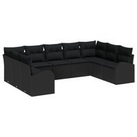 Set Divano da Giardino 9 Pezzi con Cuscini Nero Polirattan