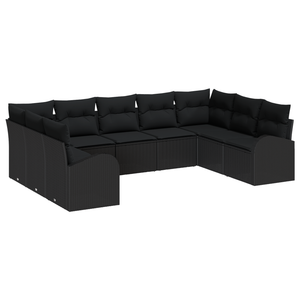 Set Divano da Giardino 9 Pezzi con Cuscini Nero Polirattan