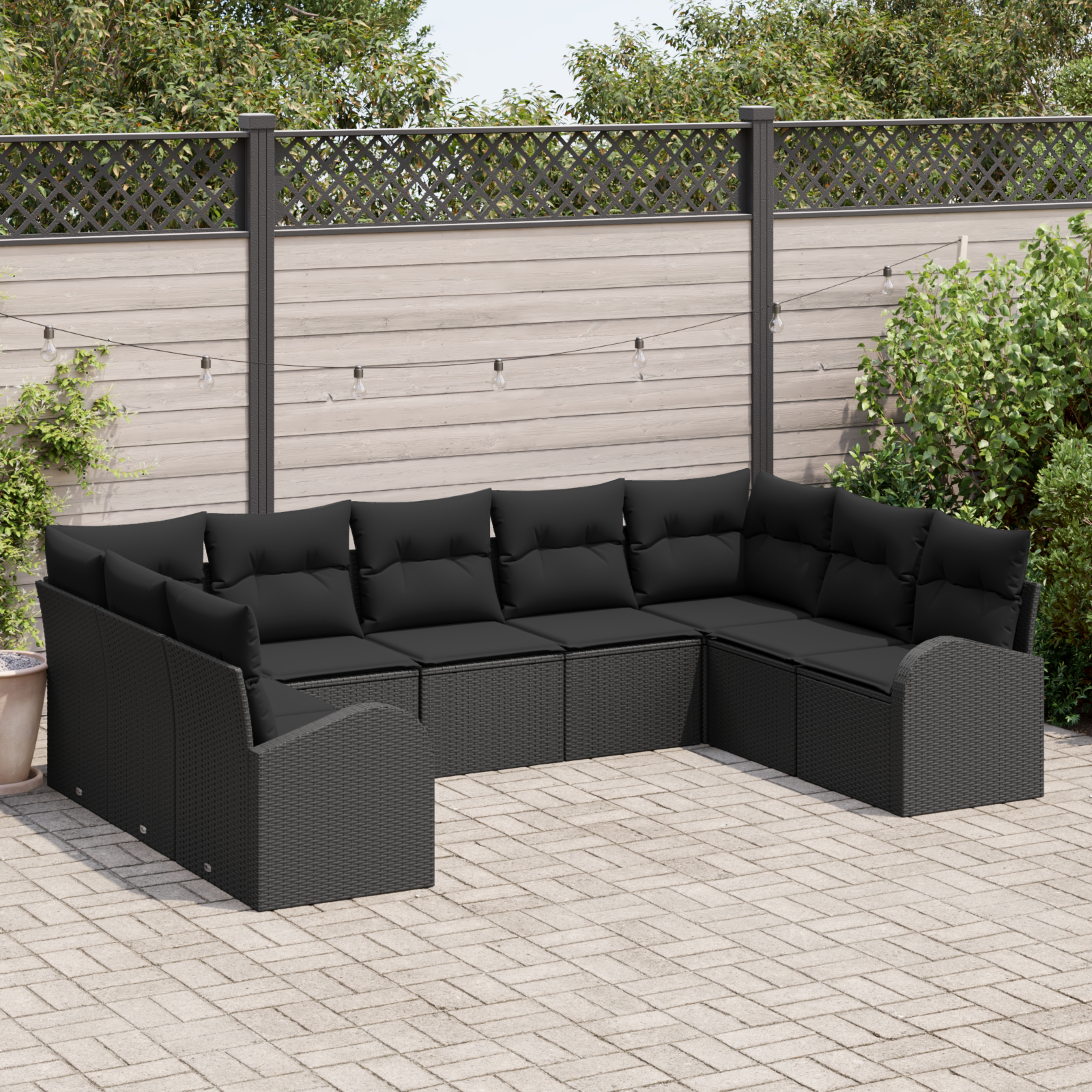 Set Divano da Giardino 9 Pezzi con Cuscini Nero Polirattan