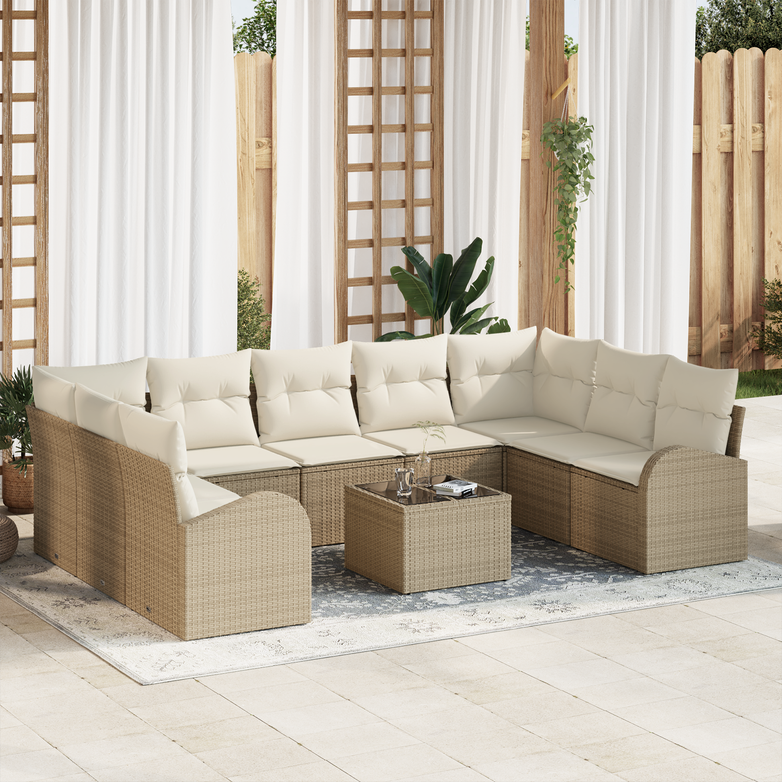 Set divano da giardino 10 pezzi con cuscini marrone polyrattan