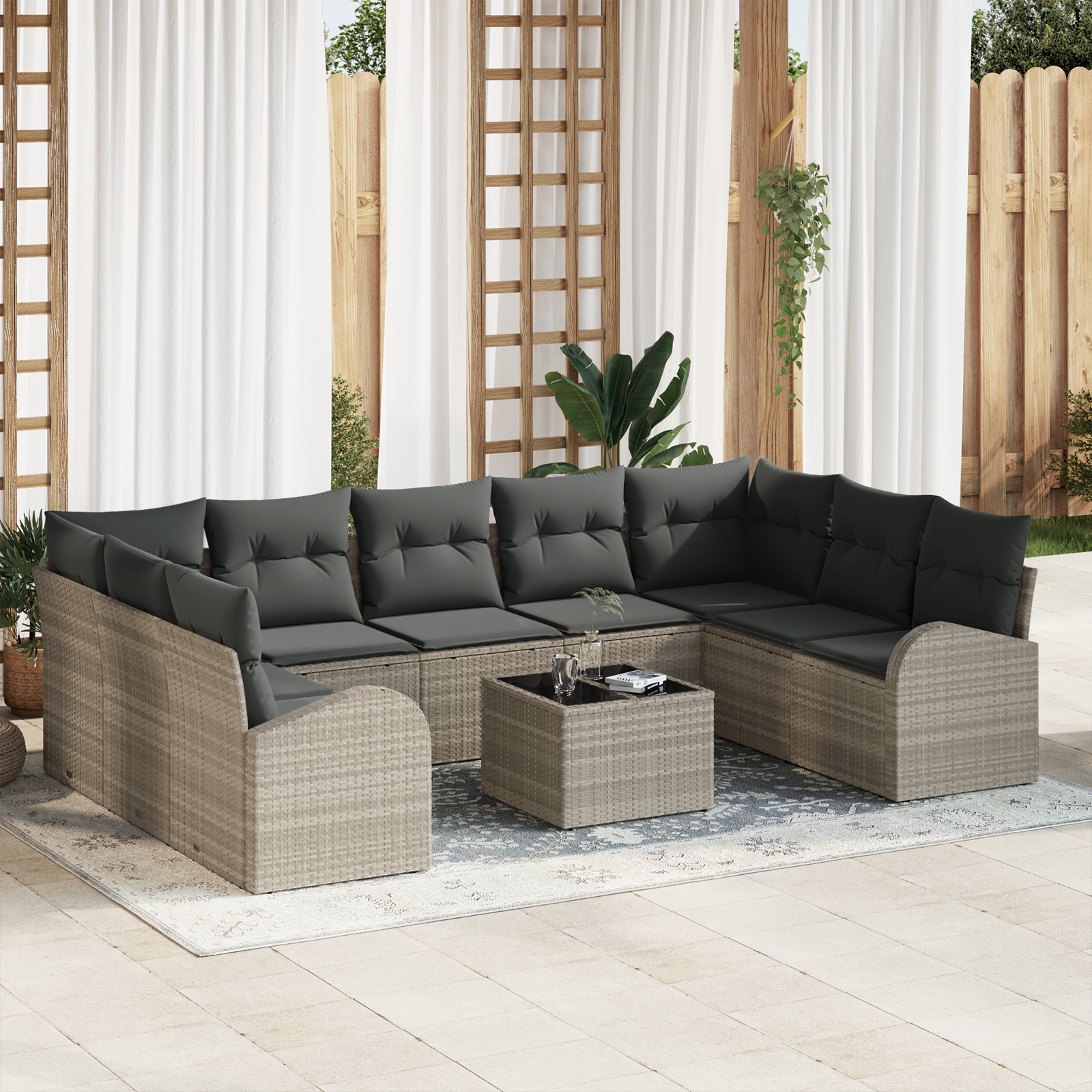 Set da Giardino 10 Pezzi con Cuscini Grigio Polyrattan
