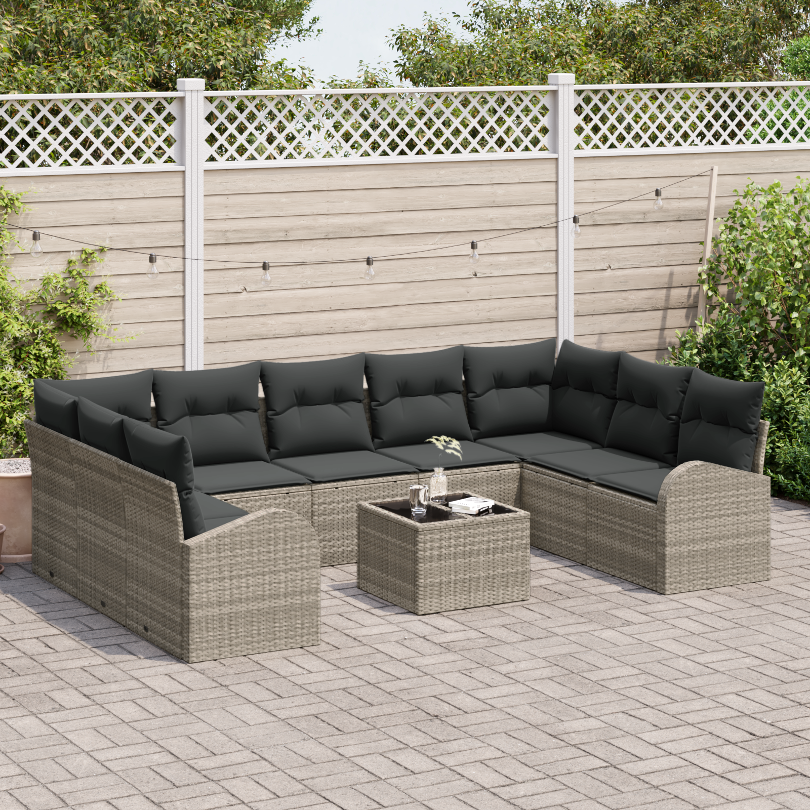 Set da Giardino 10 Pezzi con Cuscini Grigio Polyrattan