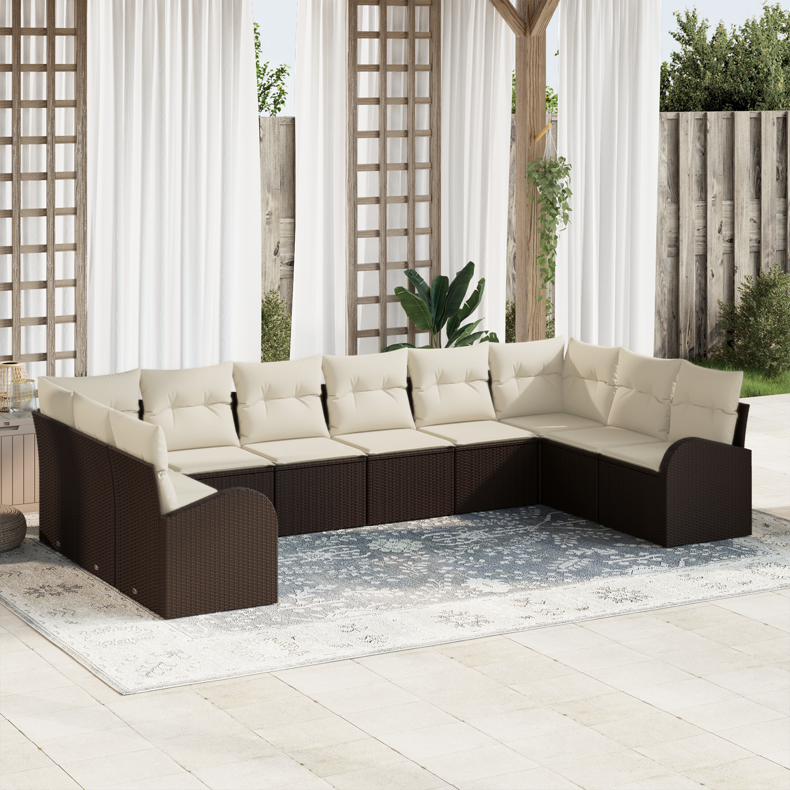 Set di Divani da Giardino da 10 pezzi con Cuscini Marrone Polyrattan