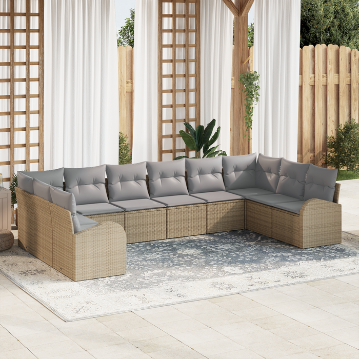 Set di Divano da Giardino da 10 Pezzi con Cuscini Beige Rattan