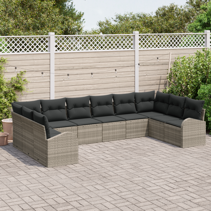 Set di divani da giardino da 10 pezzi con cuscini grigio chiaro in polyrattan