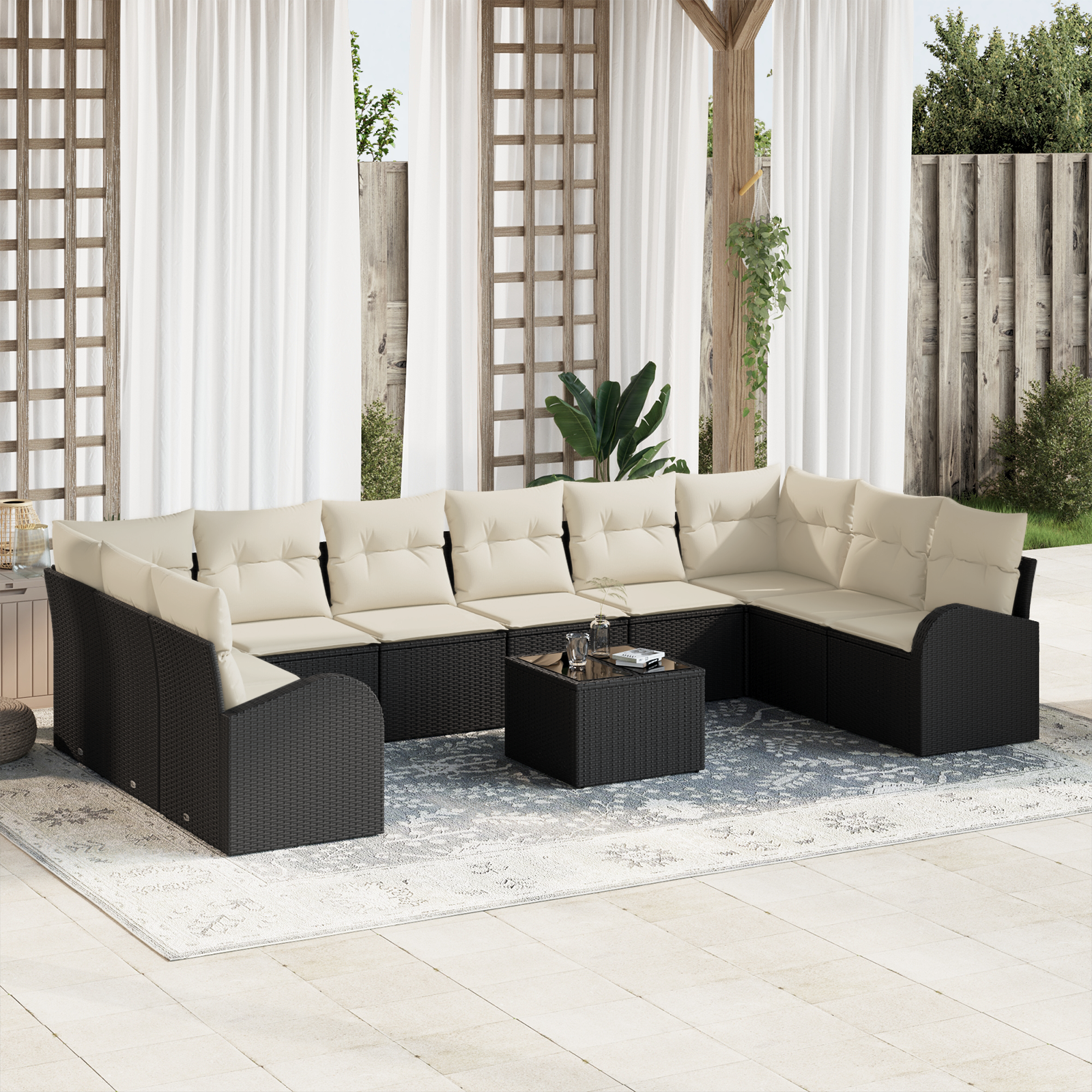 Set divani giardino 10 pezzi con cuscini in polyrattan marrone