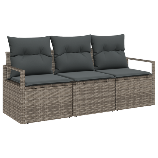 Set di divani da giardino a 3 pezzi con cuscini in rattan grigio