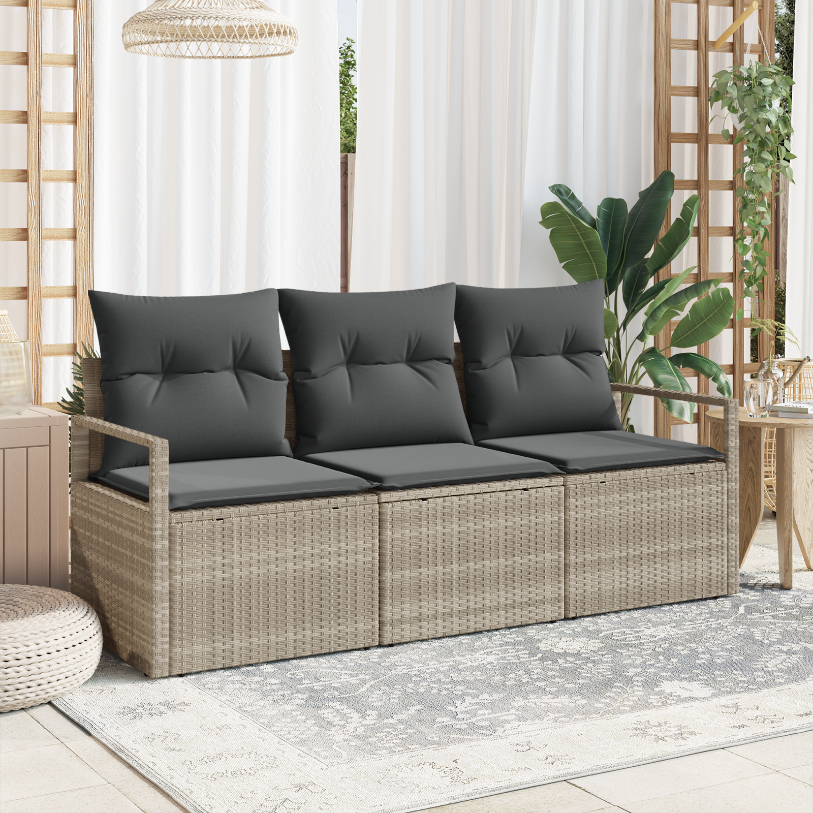 Set di divani da giardino  3 pezzi con cuscini Grigio chiaro Polyrattan