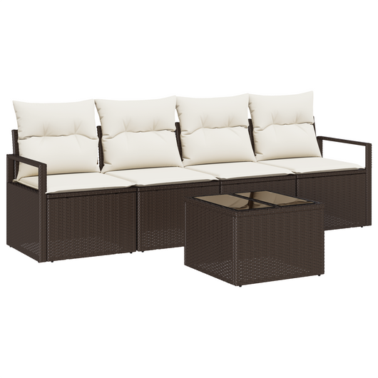 Set Divano da Giardino  a 5 Pezzi con Cuscini Marrone Polyrattan