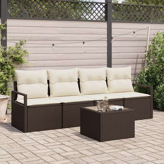 Set Divano da Giardino  a 5 Pezzi con Cuscini Marrone Polyrattan