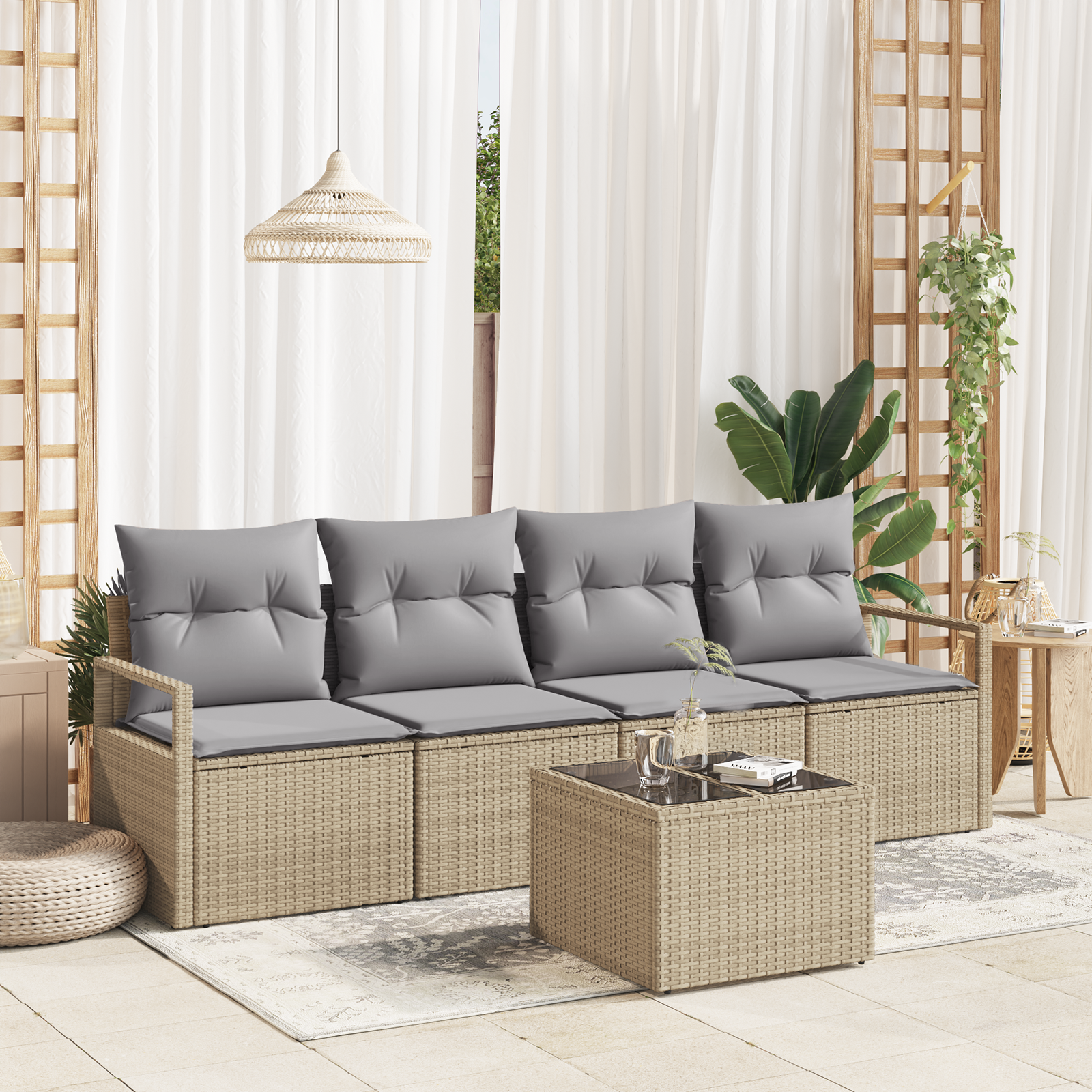 Set di divani da giardino a 5 pezzi con cuscini beige polyrattan