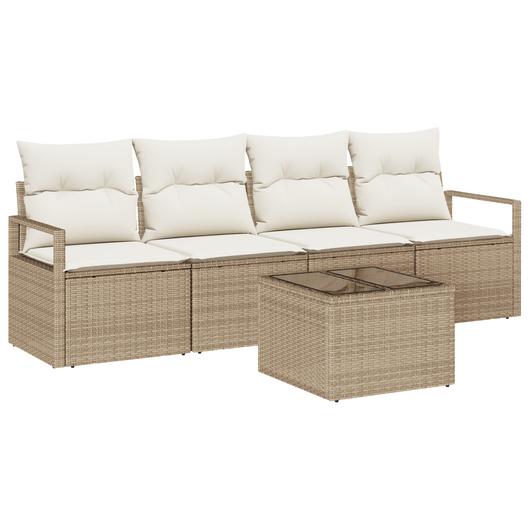 Set di Sofà da Giardino a 5 Pezzi con Cuscini Beige in Polyrattan
