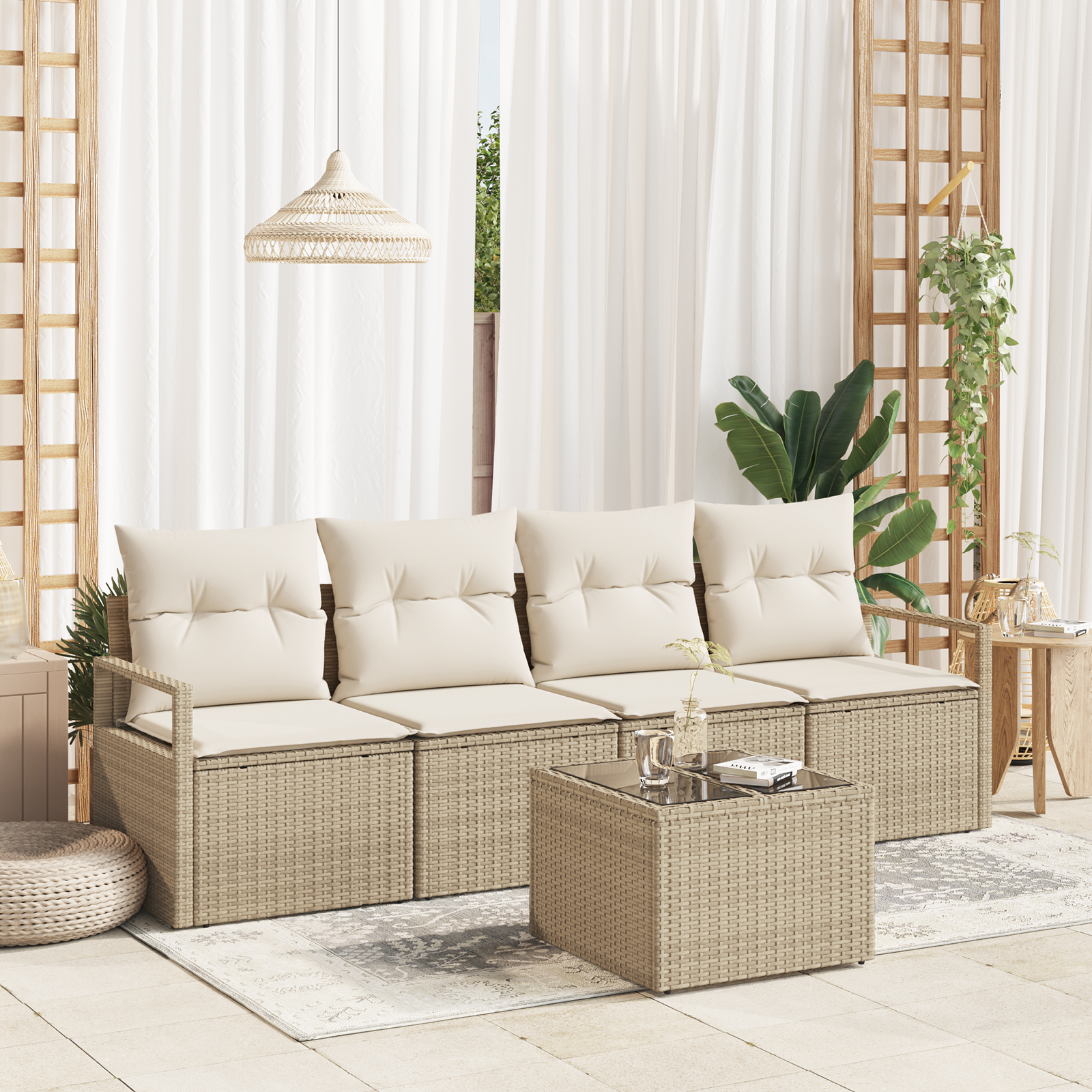 Set di Sofà da Giardino a 5 Pezzi con Cuscini Beige in Polyrattan