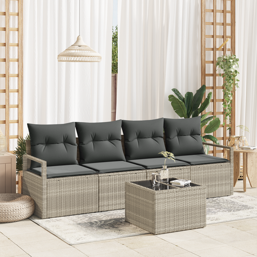 Set Divano da Giardino  da 5 Pezzi con Cuscini Grigio Chiaro Polyrattan