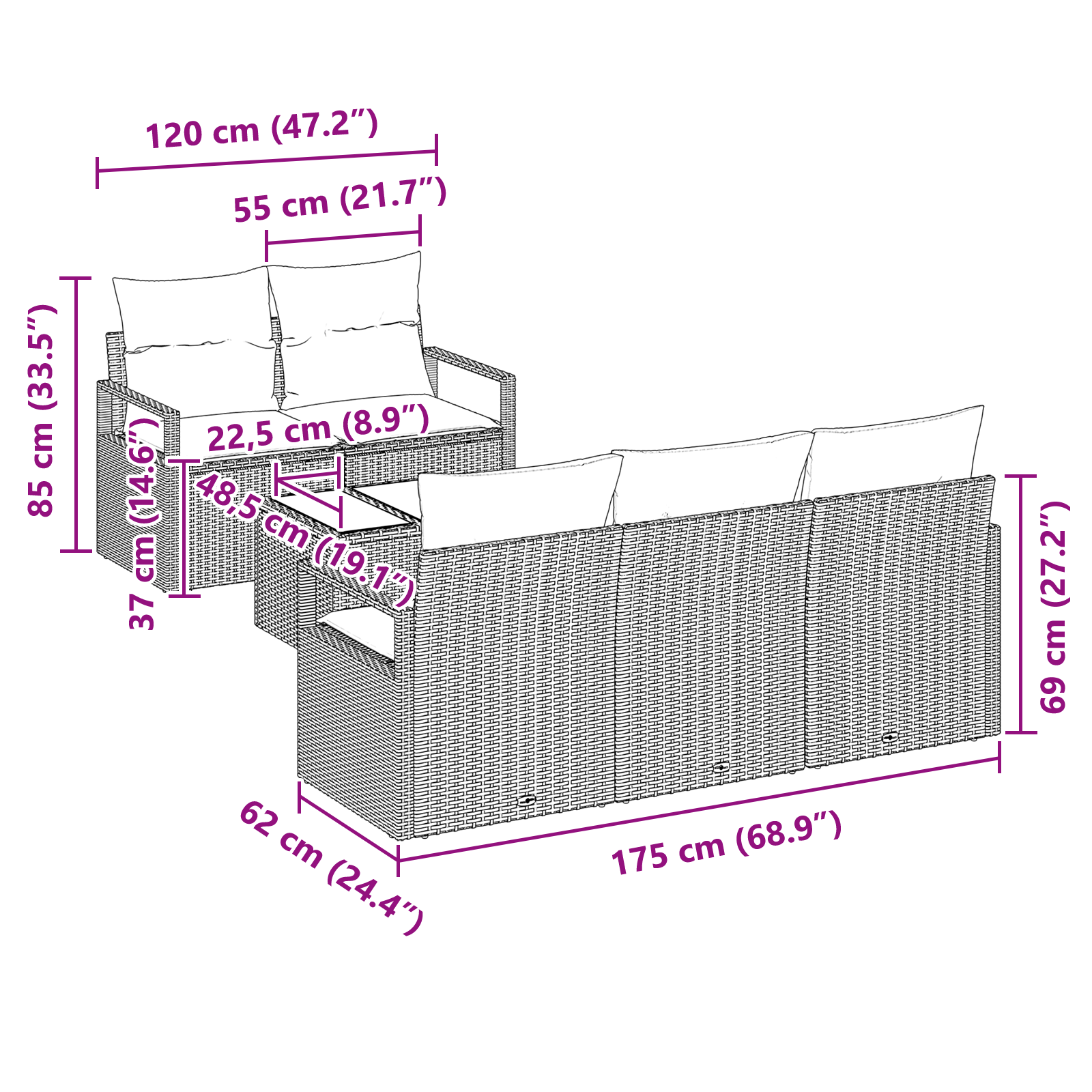 Set di Divani da Giardino  6 Pezzi con Cuscini Marrone Polyrattan