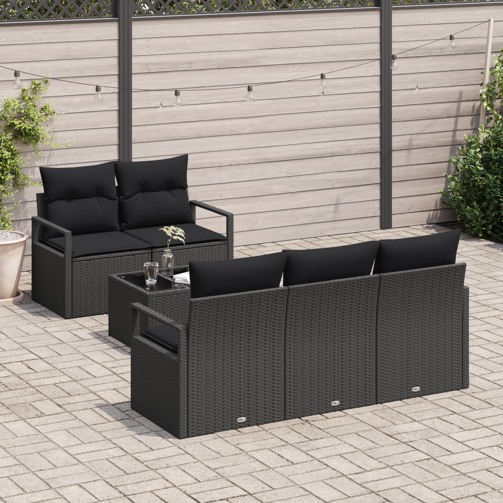 Set Divano da Giardino a 6 Pezzi con Cuscini Nero Polyrattan