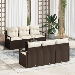 Set di divani da giardino 7 pezzi con cuscini marrone polyrattan