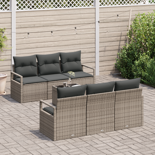 Set Divano da Giardino  7 Pezzi Con Cuscini Grigio Polyrattan