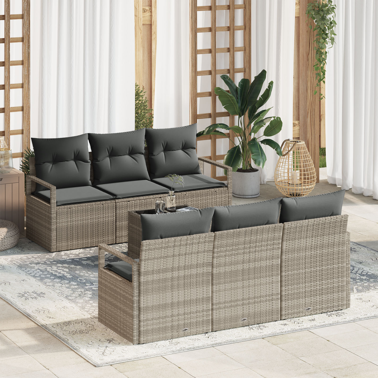 Set da giardino  7 pezzi con cuscini grigio chiaro in polyrattan